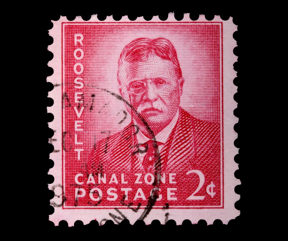 A red Roosevelt Canal Zone 2 cent postage stamp.