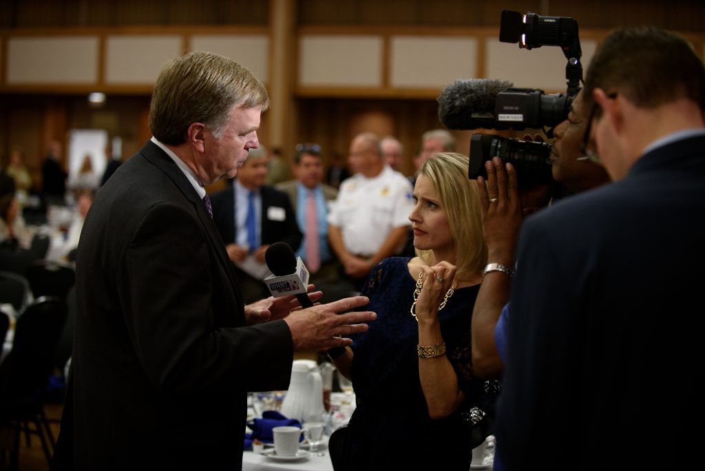 WHNT TV Anchor Melissa Riopka interviews Mayor Battle after his speech