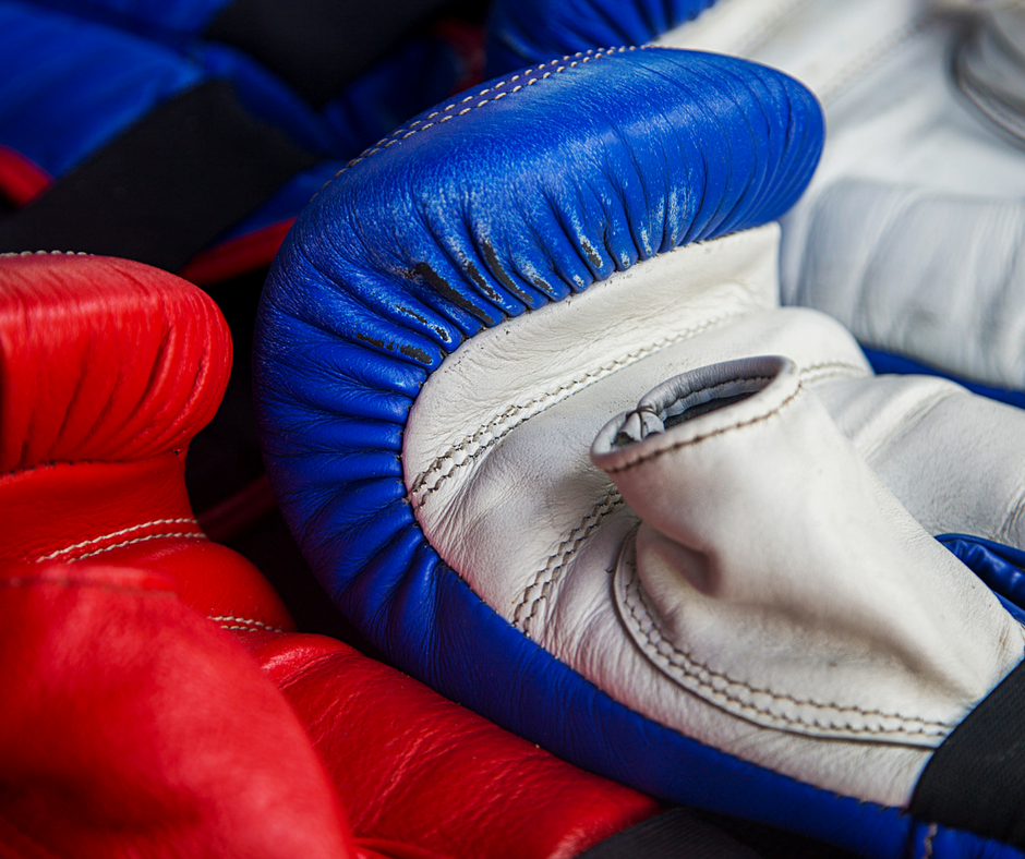 Close up of red and blue boxing gloves
