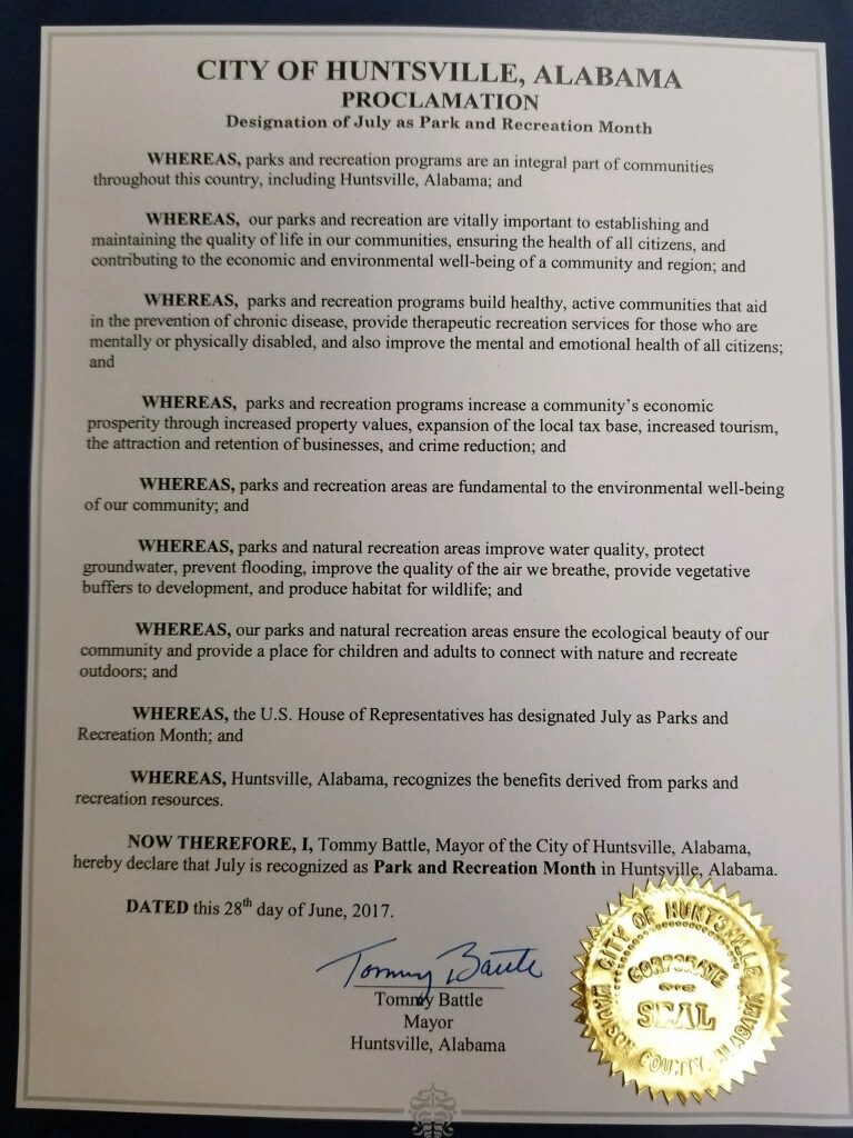 Mayor Battle's Proclamation for Parks & Recreation Month