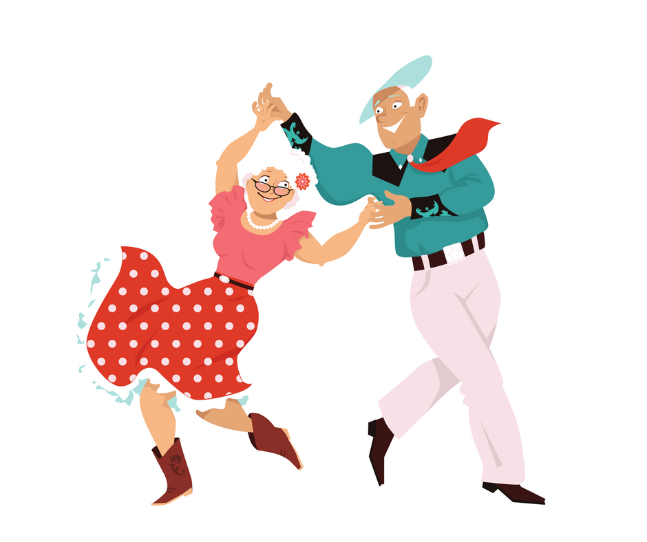 Two older adults dresed in traditional square dance garb.
