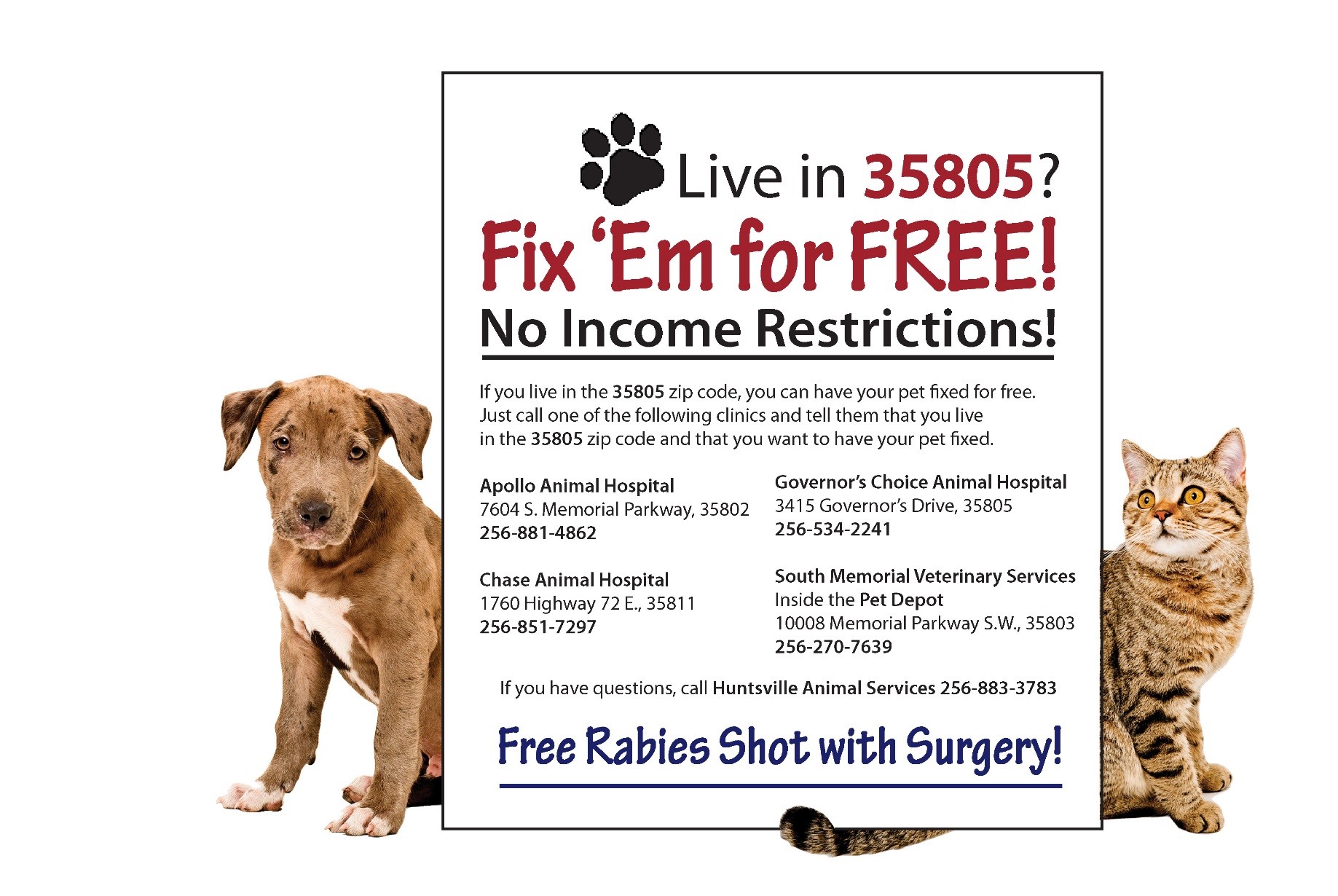 Free Spay or Neuter Promotion for Pets in 35805 - City of Huntsville