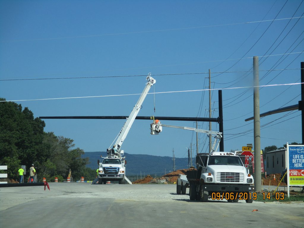 Utility truck working on streetlights