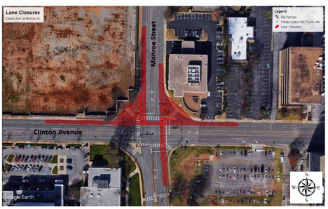 Map of roadwork at Clinton and Monroe