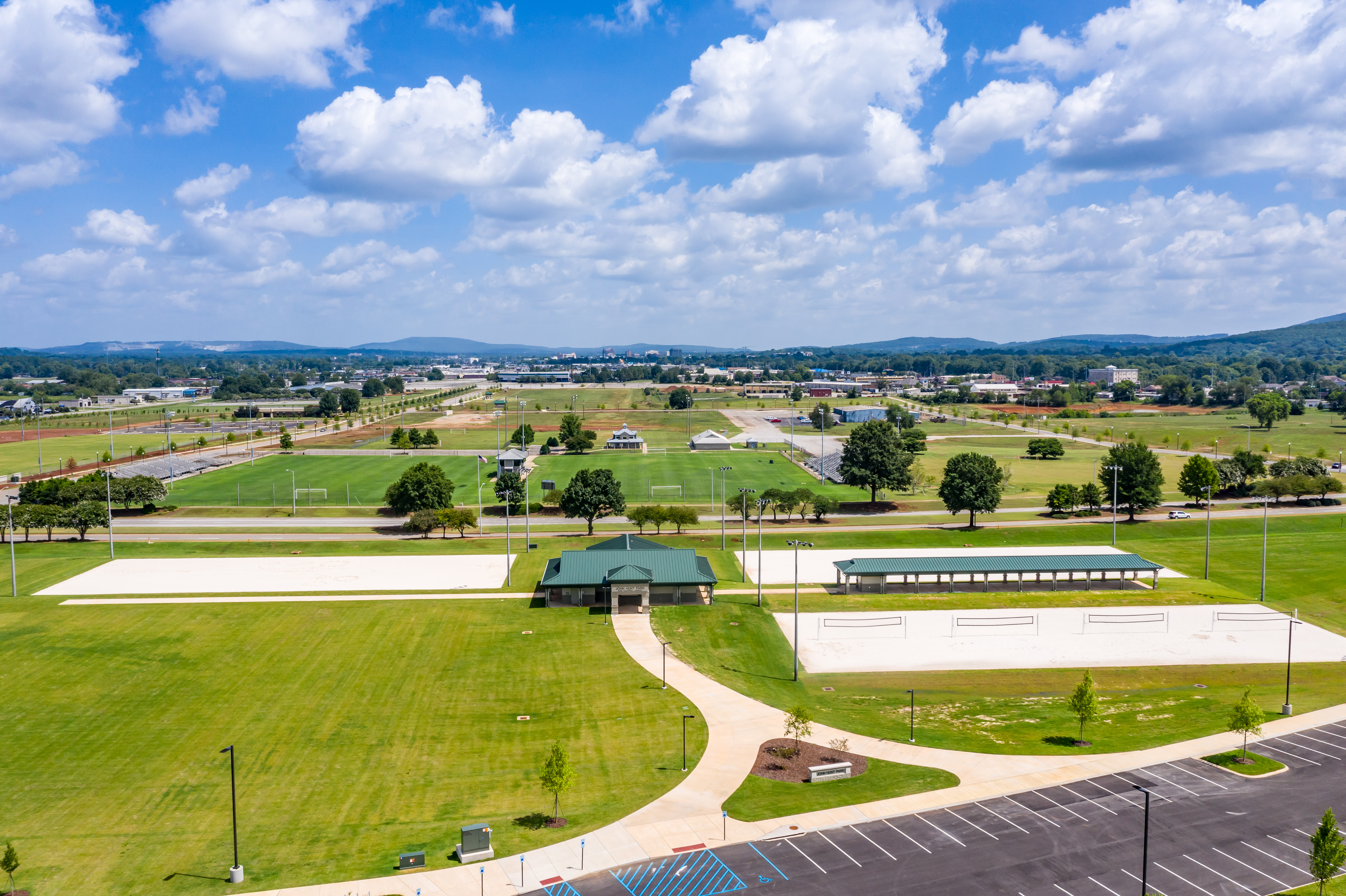 aerial photo of new sand volleyball complex in john hunt park