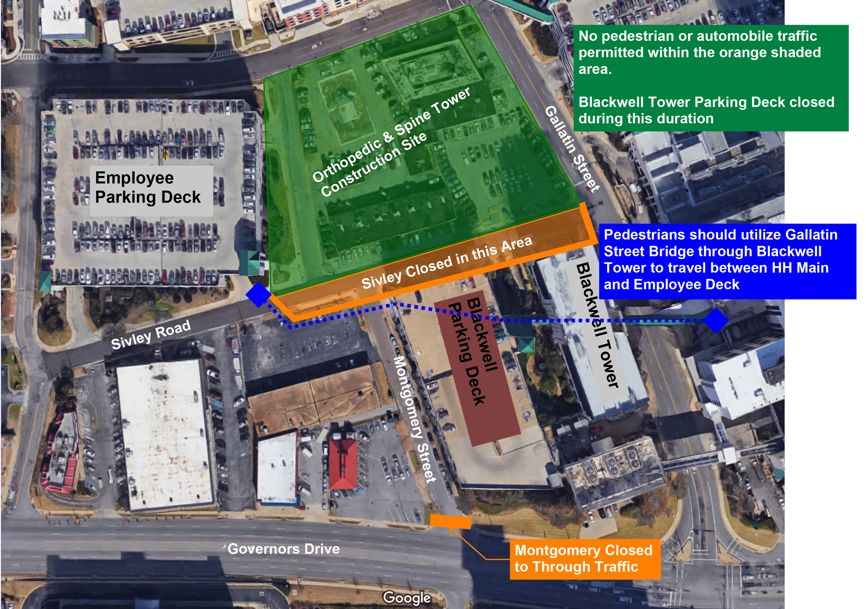 picture of map showing road closures by the new hospital tower construction