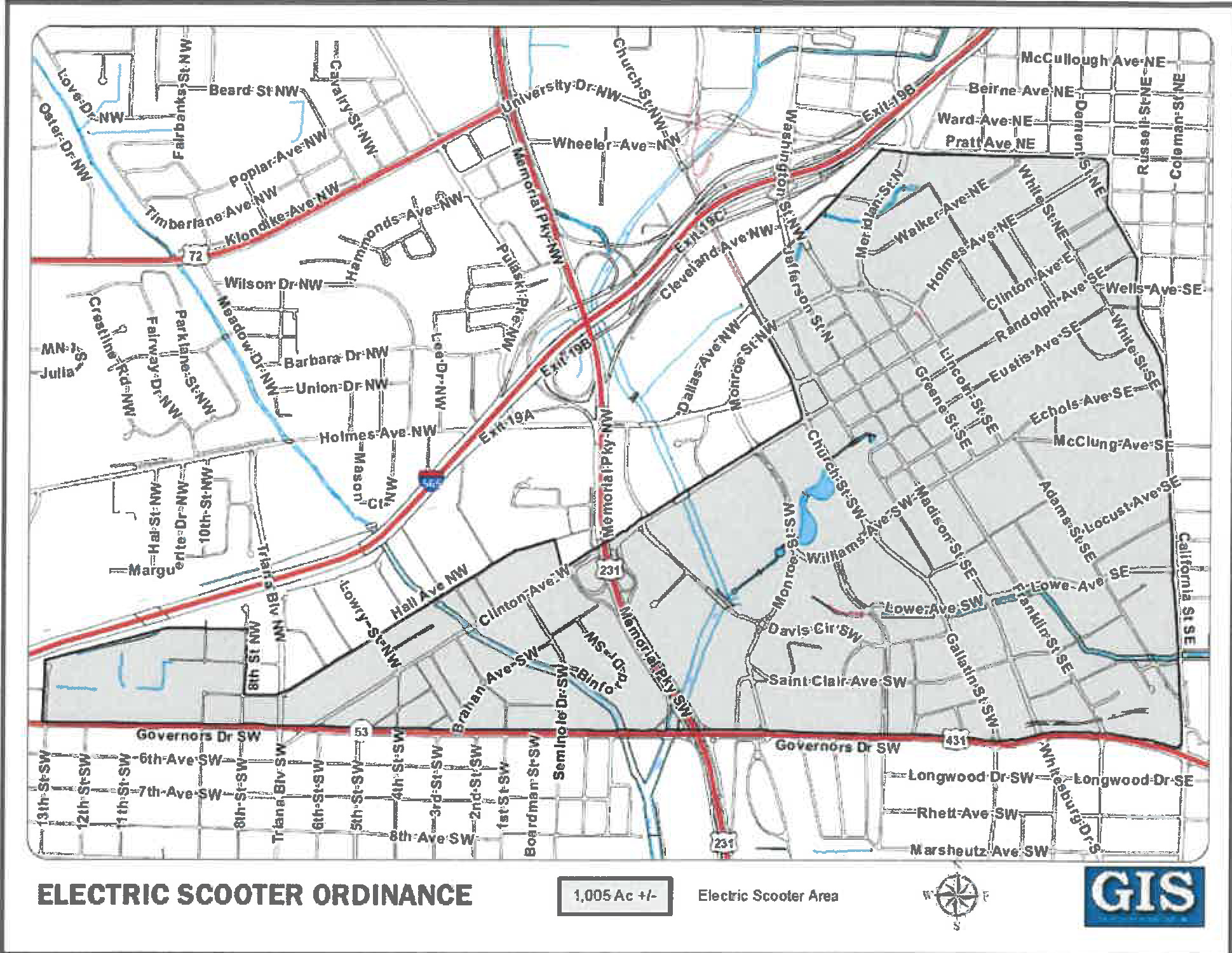 map of area downtown where scooters will be allowed to operate