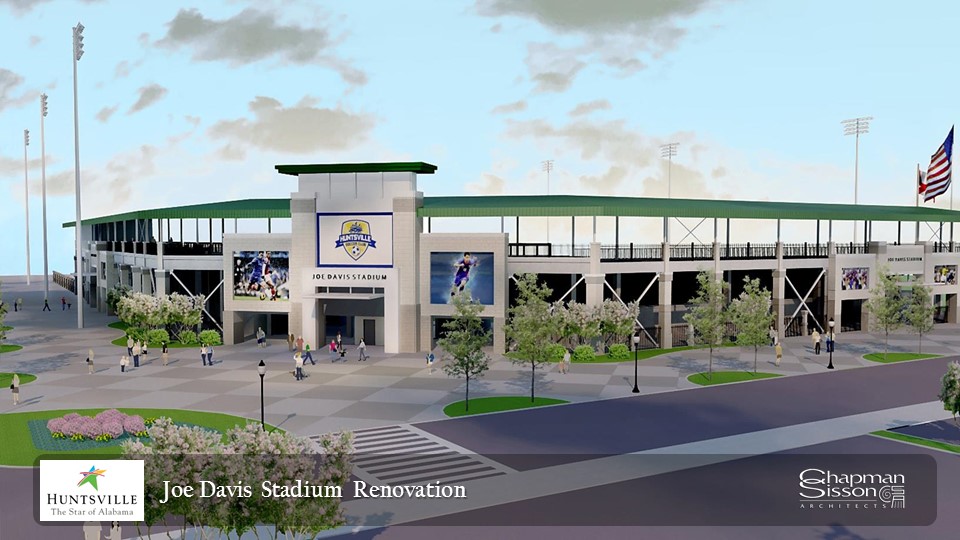 artist rendering of a renovation to Joe Davis Stadium converting it from a baseball stadium into a football stadium