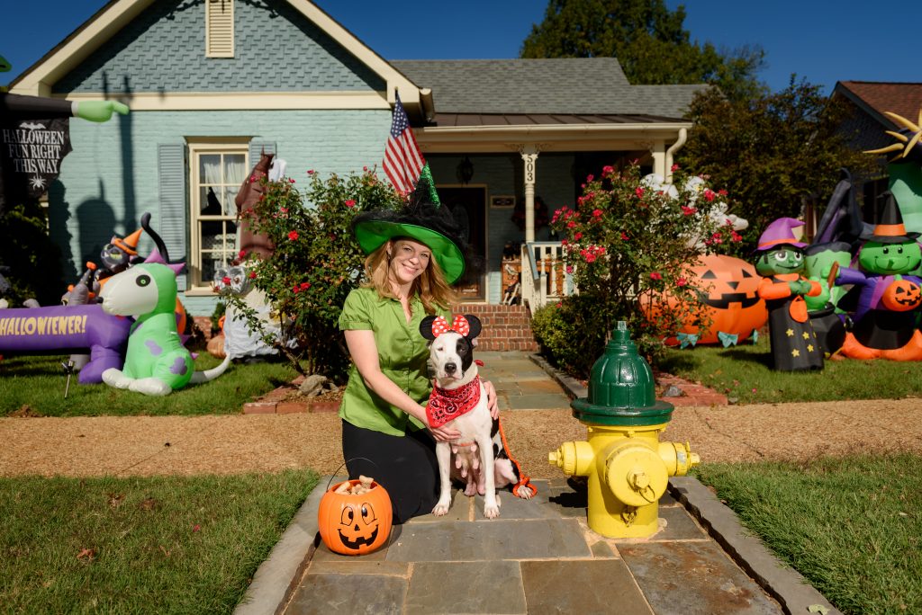 Pictured at the “Bernstein-Batt House” on Clinton Avenue – Adoptable Dog Truvy and Huntsville Animal Services Lead Care Attendant Kelly