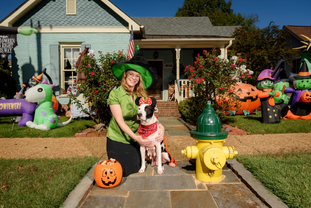 Pictured at the “Bernstein-Batt House” on Clinton Avenue – Adoptable Dog Truvy and Huntsville Animal Services Lead Care Attendant Kelly