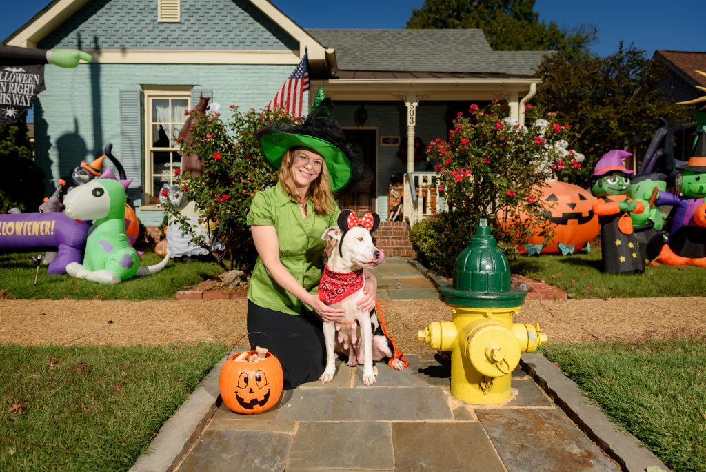 Pictured at the “Bernstein-Batt House” on Clinton Avenue – Adoptable Dog Truvy and Huntsville Animal Services Lead Care Attendant Kelly