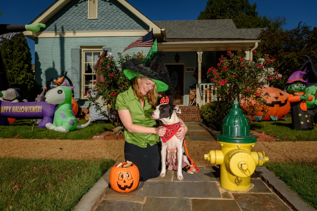 Pictured at the “Bernstein-Batt House” on Clinton Avenue – Adoptable Dog Truvy and Huntsville Animal Services Lead Care Attendant Kelly