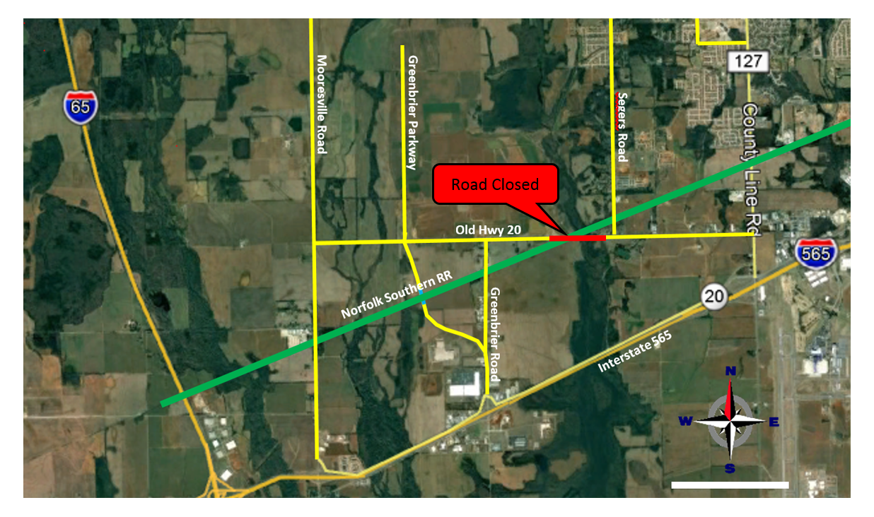 Map of the section of road to be closed during construction on Old Highway 20 at the RR crossing