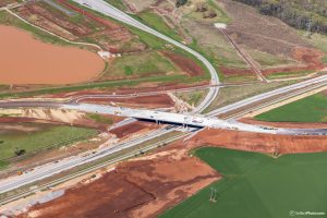 An aerial view of a bridge under construction on Old Highway 20