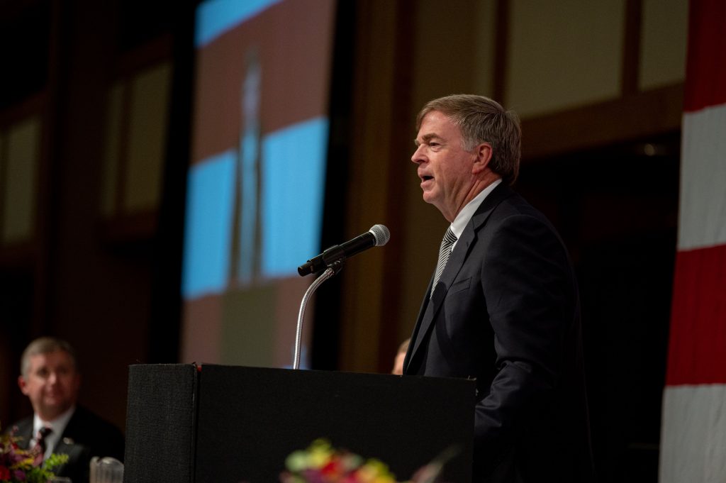 Huntsville Mayor Tommy Battle gives his State of the City address Monday, Nov. 8, 2021, at the Von Braun Center.