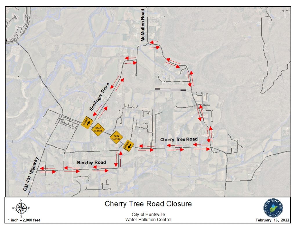 A map of a planned road closure on Cherry Tree Road