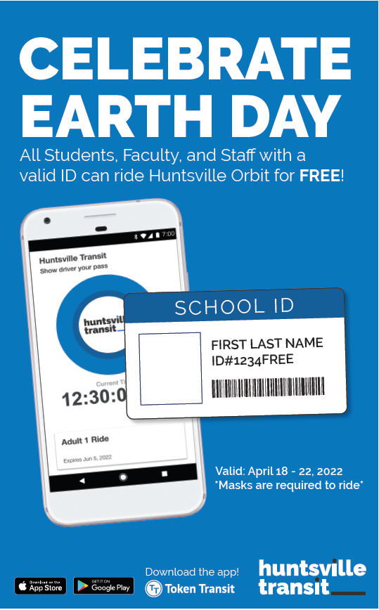 A poster advertising free Huntsville Transit rides for Earth Day