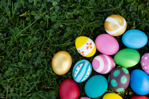 painted easter eggs on grass