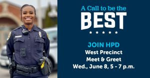 Recruitment Post with Smiling officer and information on upcoming open house on June 8 at 2110 Clinton Ave