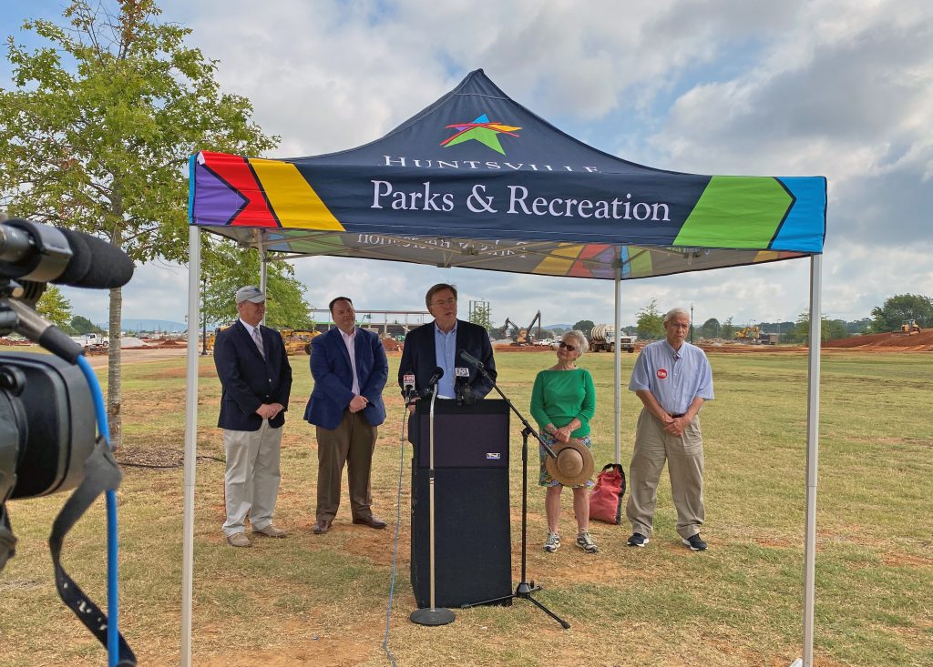 photo of Mayor Battle and city leaders in john hunt park announcing a new pro soccer team