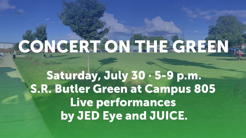A graphic that says "Concert on the Green" with details about the date and time. There is a park in the background with green grass and trees.