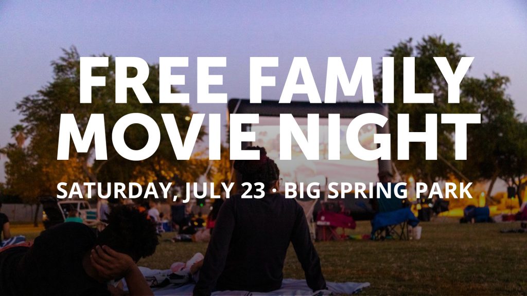 A graphic that says "Free Family Movie Night." There are people in the background watching a movie on a screen.