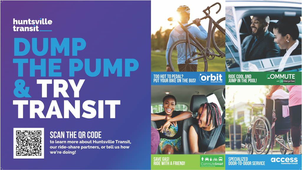 A graphic that says "Dump the Pump & Try Transit." There are four photos on the graphic including a man holding a bike; a man and woman in the back seat of a car; two other people inside a car sharing a laugh; and a person pushing a wheelchair.