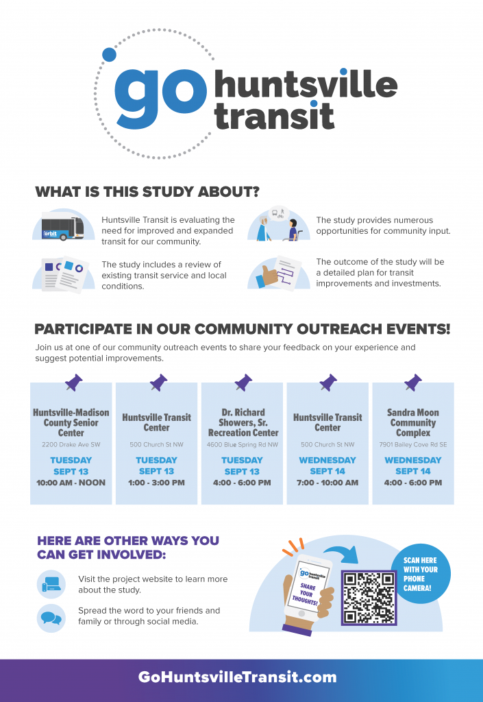 A poster advertising public outreach meetings to gain feedback about public transit operations.
