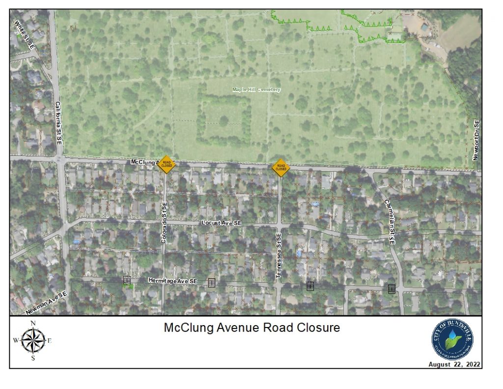 A map showing a planned closure on McClung Avenue in Huntsville.