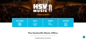 A screen shot of the new Huntsville Music Office website. There's a logo at the top and blue buttons underneath that say Music Calendar, About Us, Resources and Stay Updated.