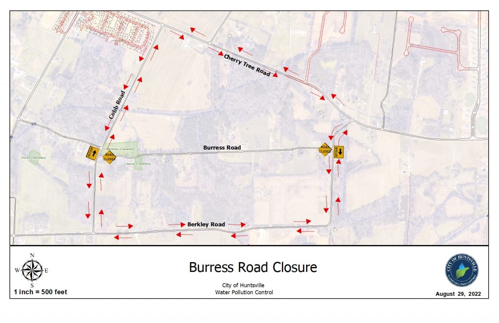A map depicting the location of a planned road closure on Burress Road.