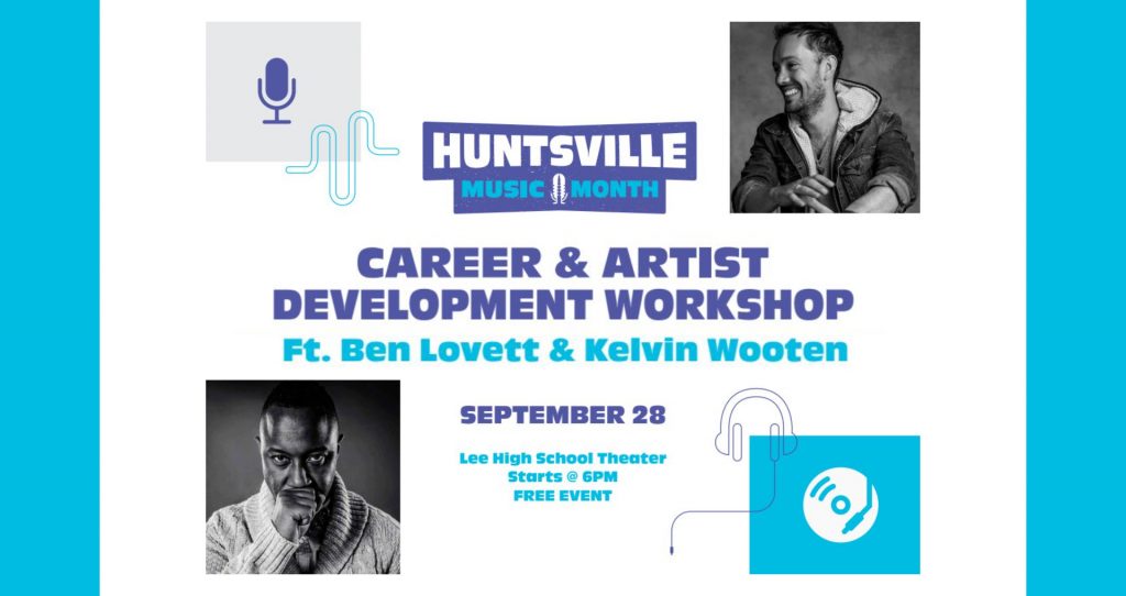 A flyer depicting information about an Career Development Workshop featuring Ben Lovett and Kelvin Wooten. Black and white pictures of both men are on the purple and aqua flyer.