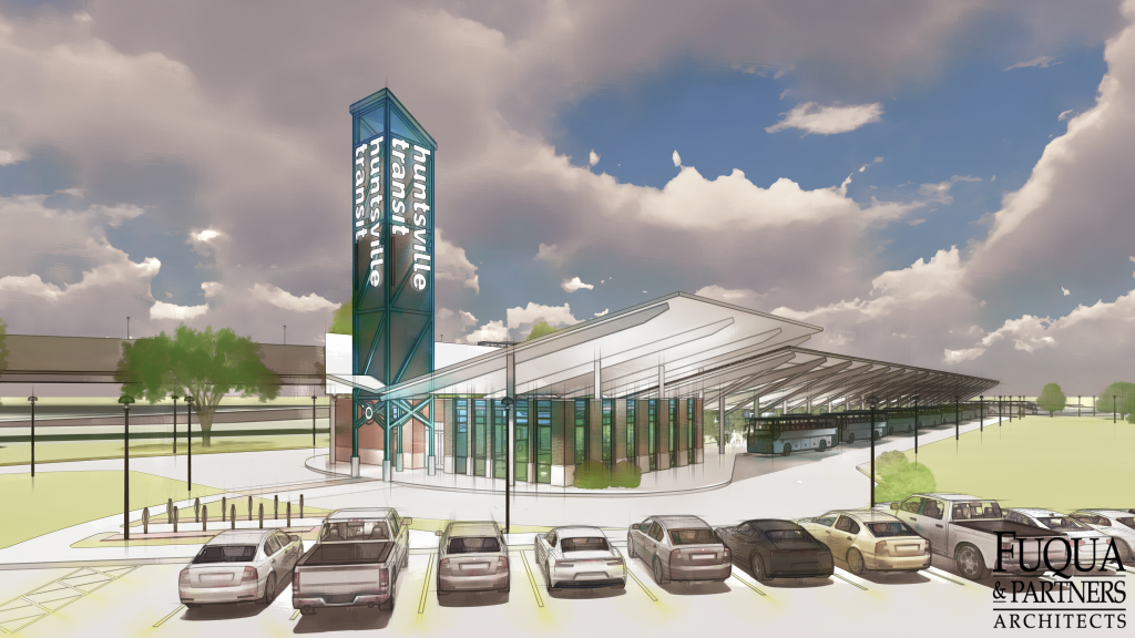 A rendering of the new transit transfer station to be built on Pratt Avenue. The rendering shows cars in the parking lot and a sign.