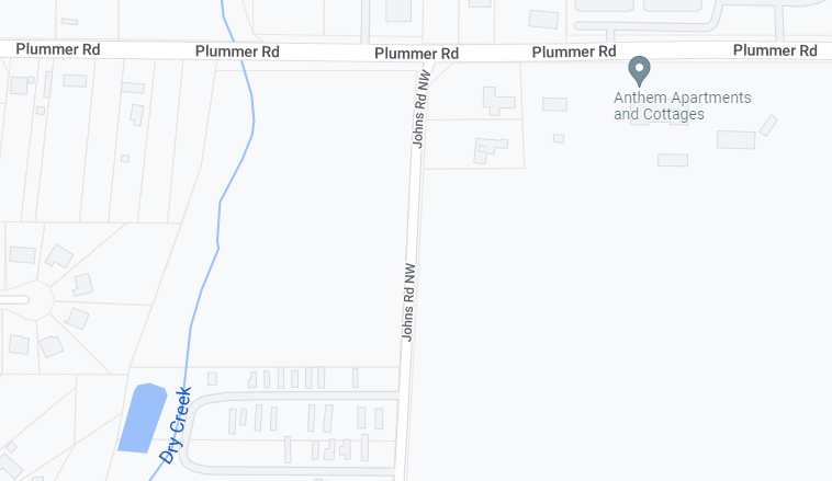 A map showing the intersection of Plummer and Johns roads in Huntsville.