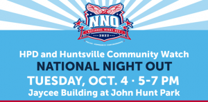 National Night Out 2022 Poster for Oct. 4 from 5 - 7 p.m. at the Jaycee Building at John Hunt Park