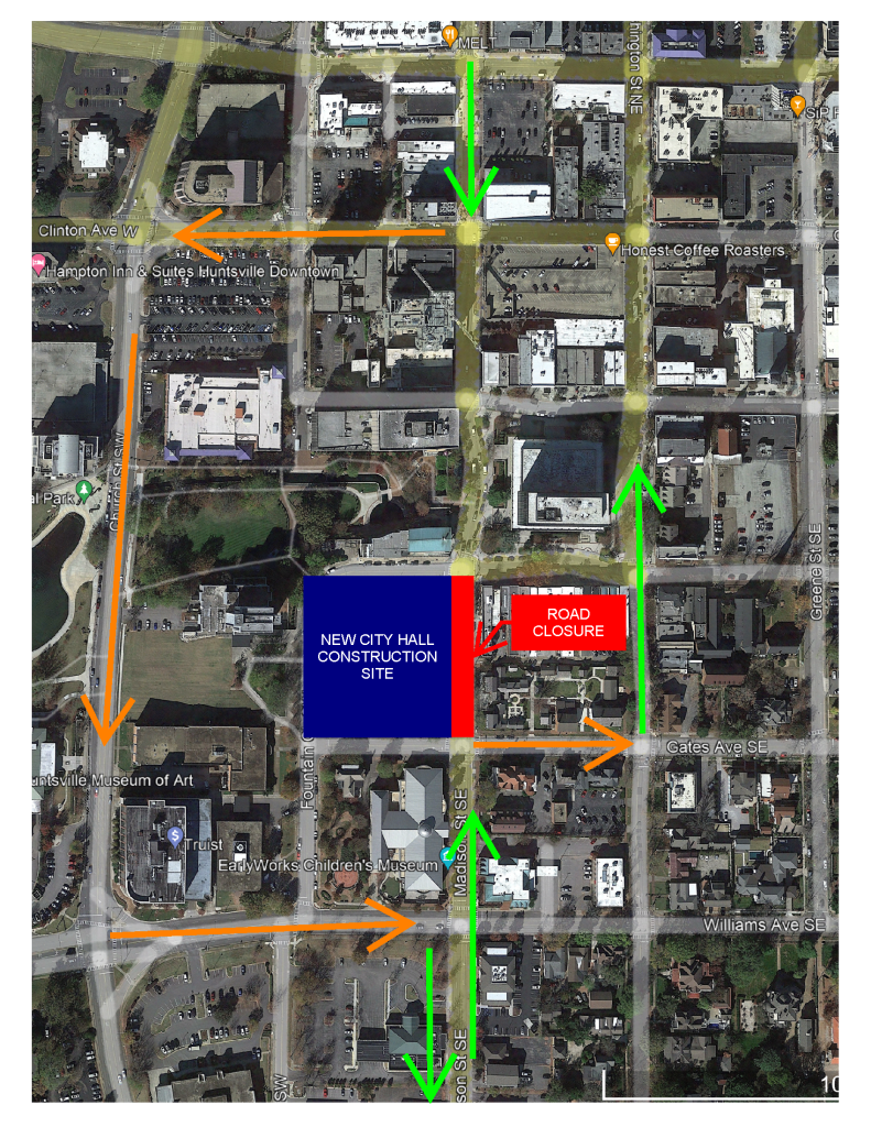 A map showing a road closure in Downtown Huntsville on Madison Street.