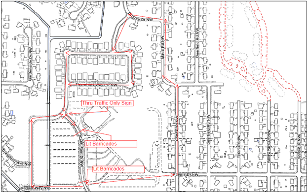 A map showing the location of a planned road closure of Cecil Fain Drive.