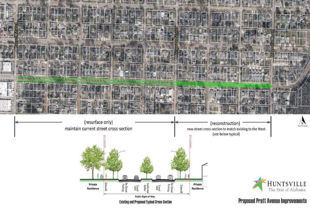 A map showing proposed improvements to Pratt Avenue in Huntsville.