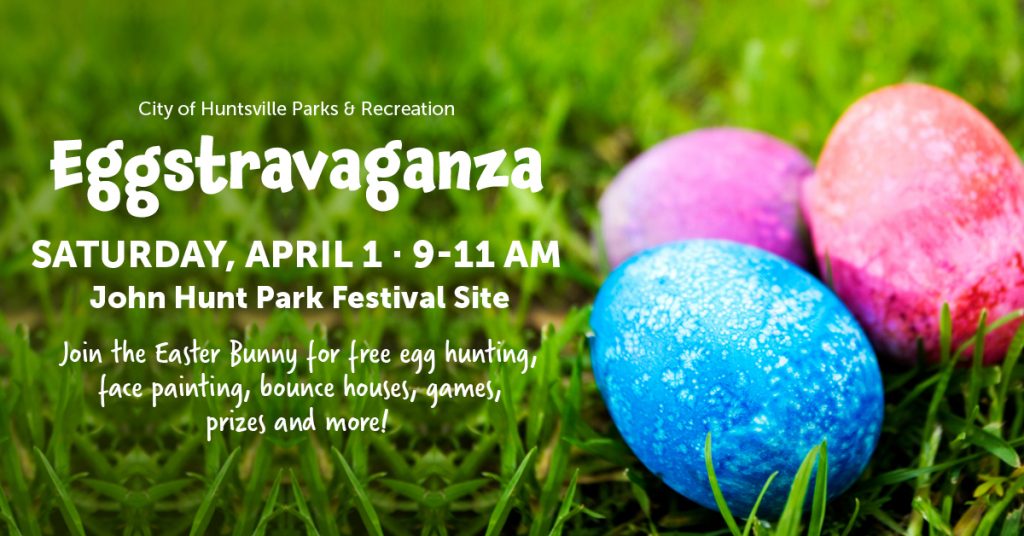 A graphic promoting the Easter Egg Hunt at John Hunt Park. There are three colored eggs in the photo and some verbiage promoting the event on April 1 from 9-11 a.m.