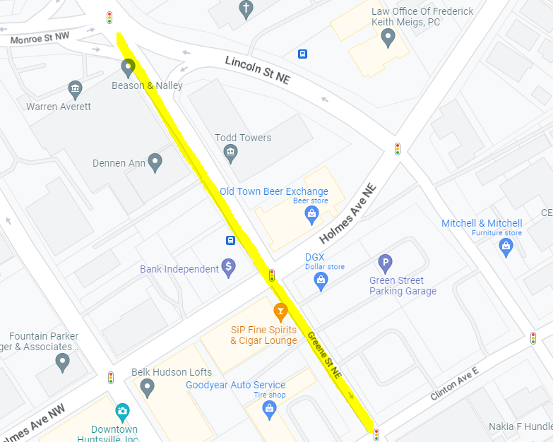 A map showing a direction change on Greene Street in downtown Huntsville.