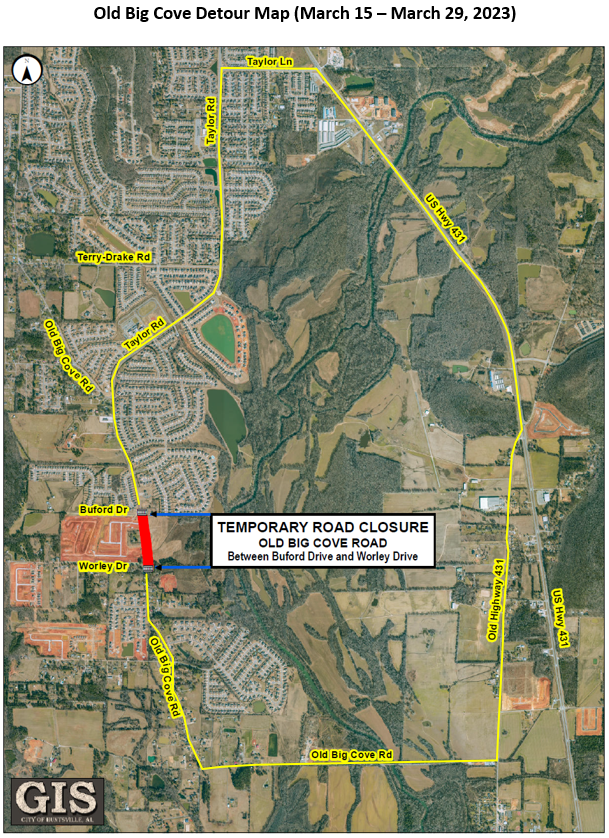 A map showing a planned detour of traffic from Old Big Cove Road
