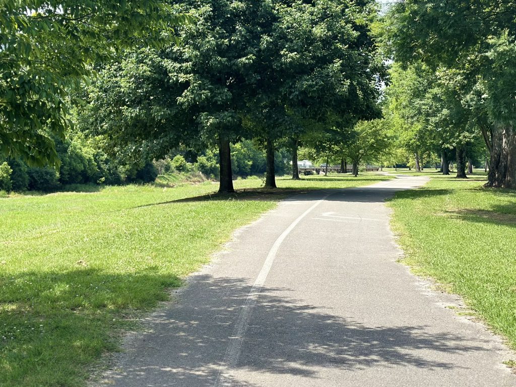 A photo of the Atwood Linear Park Greenway on a sunny day. There are trees on each side of the path and green grass visible.