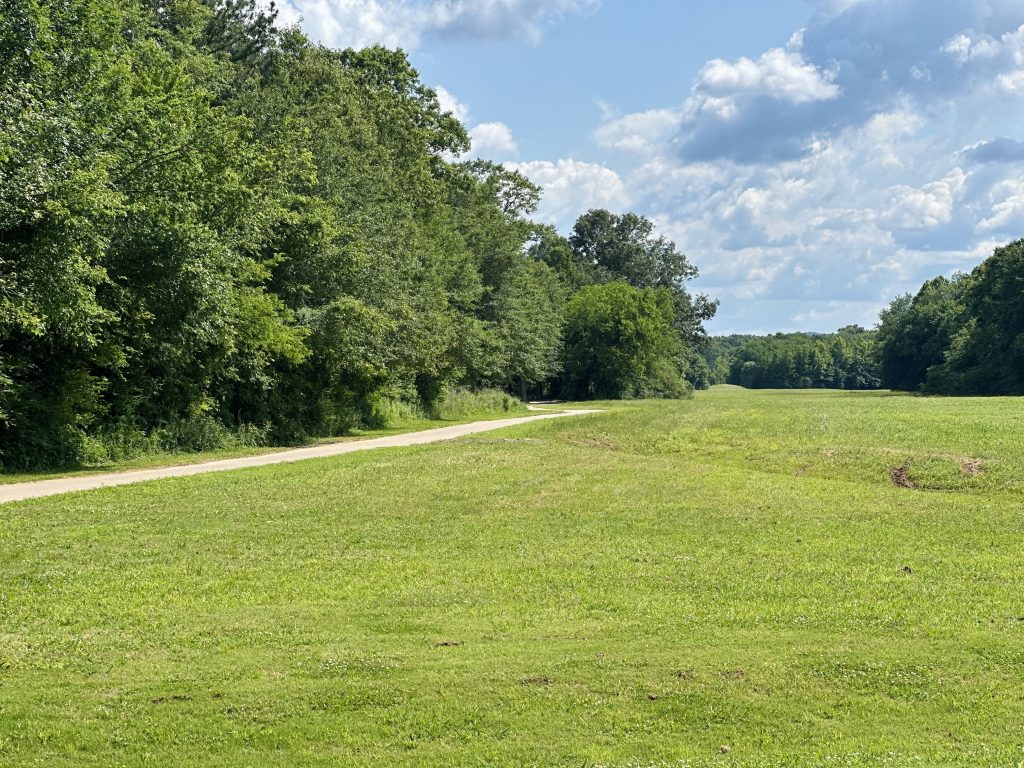 A view of the Flint River Greenway in East Huntsville. There is a path adjacent to a large grove of trees and a lush, green field to the right of the path. The sky is partly cloudy overhead.