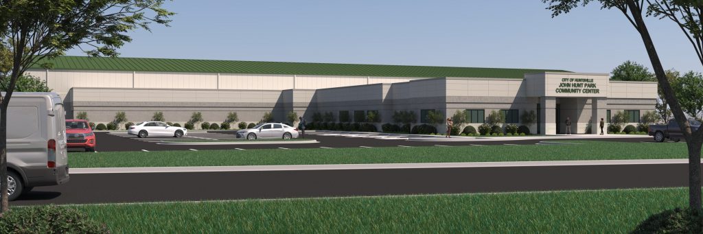 rendering of the design of a building, tan and green, one story, for a new recreation center