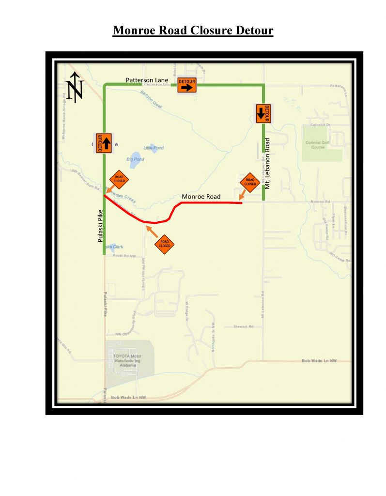 A map showing a planned road closure on Monroe Road in Huntsville.