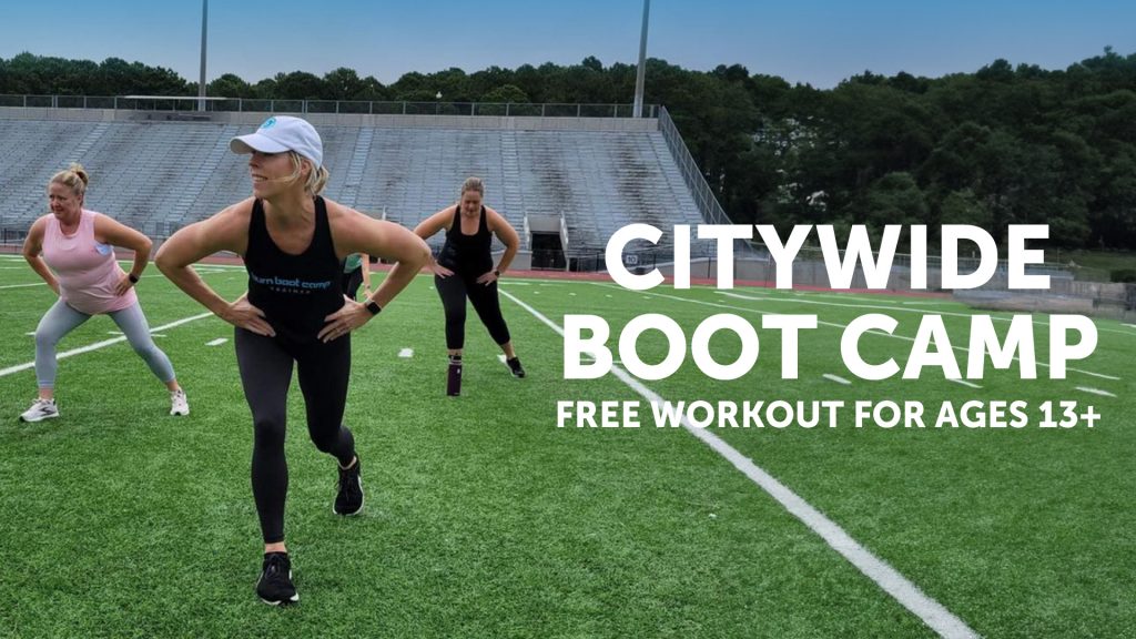 Citywide Boot Camp graphic with image of women working out on field with bleachers in backgrounud