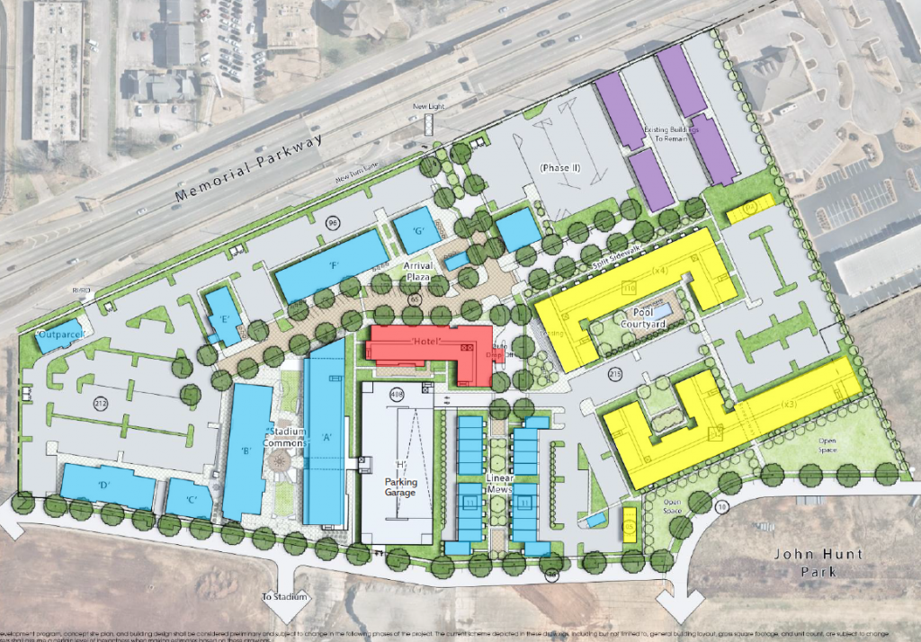 A rendering of the proposed Stadium Commons development along Memorial Parkway. Parcels are shaded different colors - yellow, red, purple and blue.