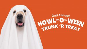 an orange and white graphic for the second annual Huntsville Animal Services Howl-O-Ween Trunk 'R Treat event
