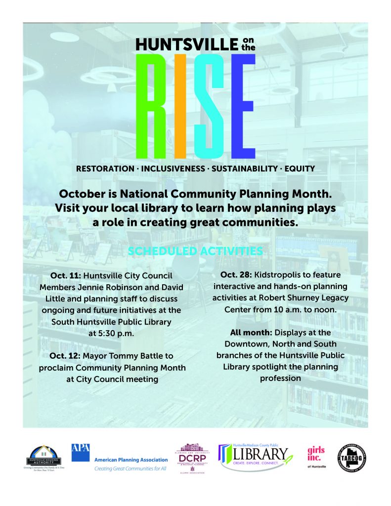 A flyer promoting National Community Planning Month in Huntsville and related activities.