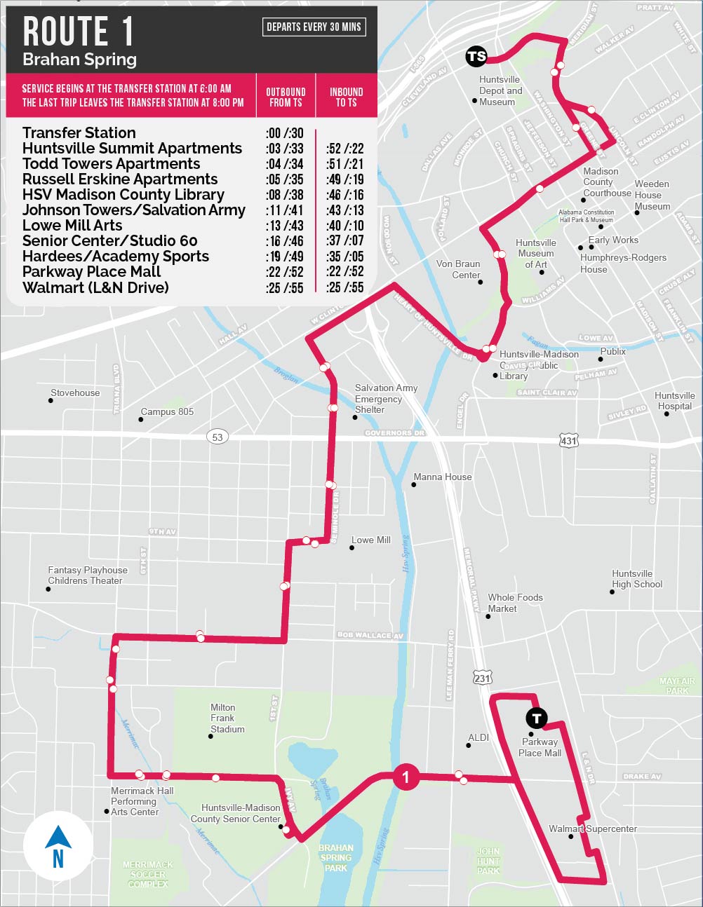 A map that shows Huntsville Transit Route 1
